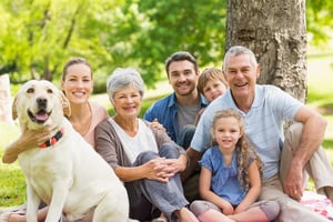 Portrait of an extended family with their pet dog sitting at the park-1